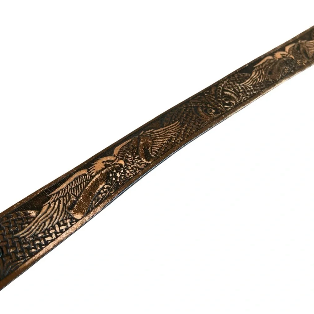 VTG Tooled Leather Western Eagle Belt Oval Silver Tone Buckle Mexico Size 44